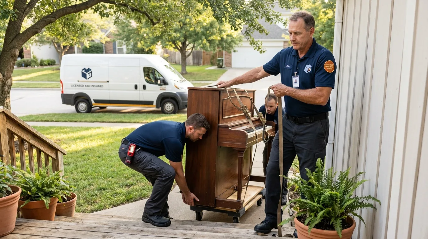 Licensed piano movers securing grand piano in Yorba Linda, CA