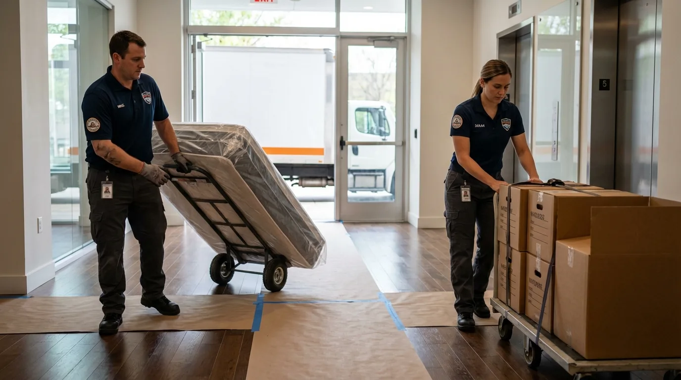 Professional apartment movers loading elevator in Yorba Linda, CA