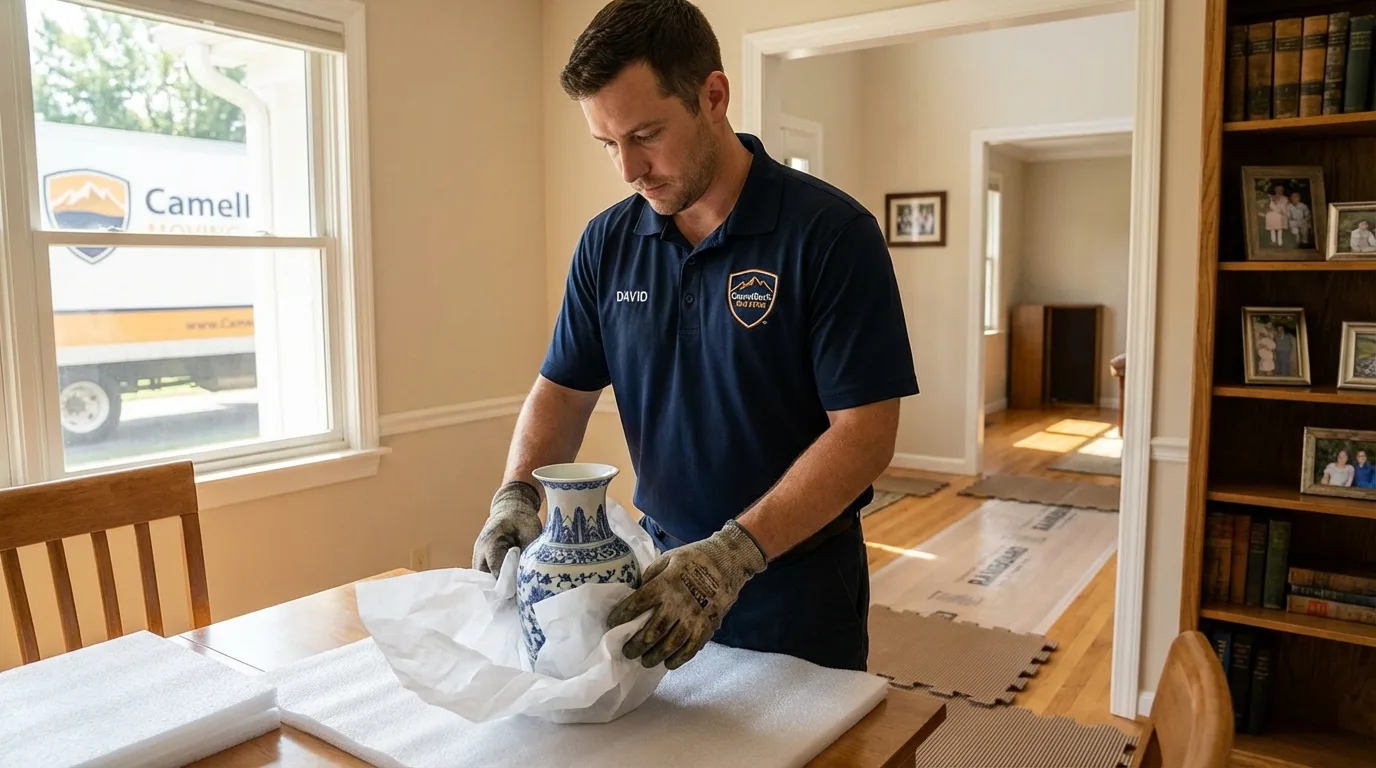 Professional crew carefully wrapping antique vase for senior downsizing move in Yorba Linda, CA